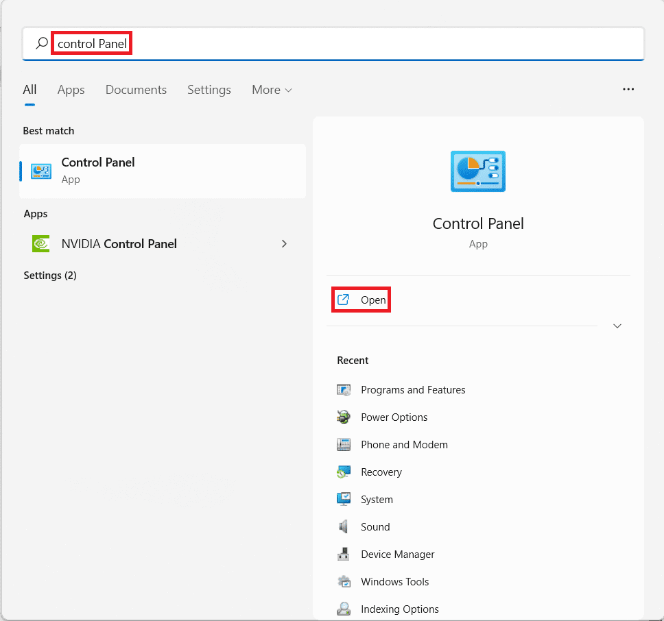 Start menu search results for Control Pane