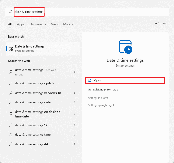 Start menu search results for Date and time settings