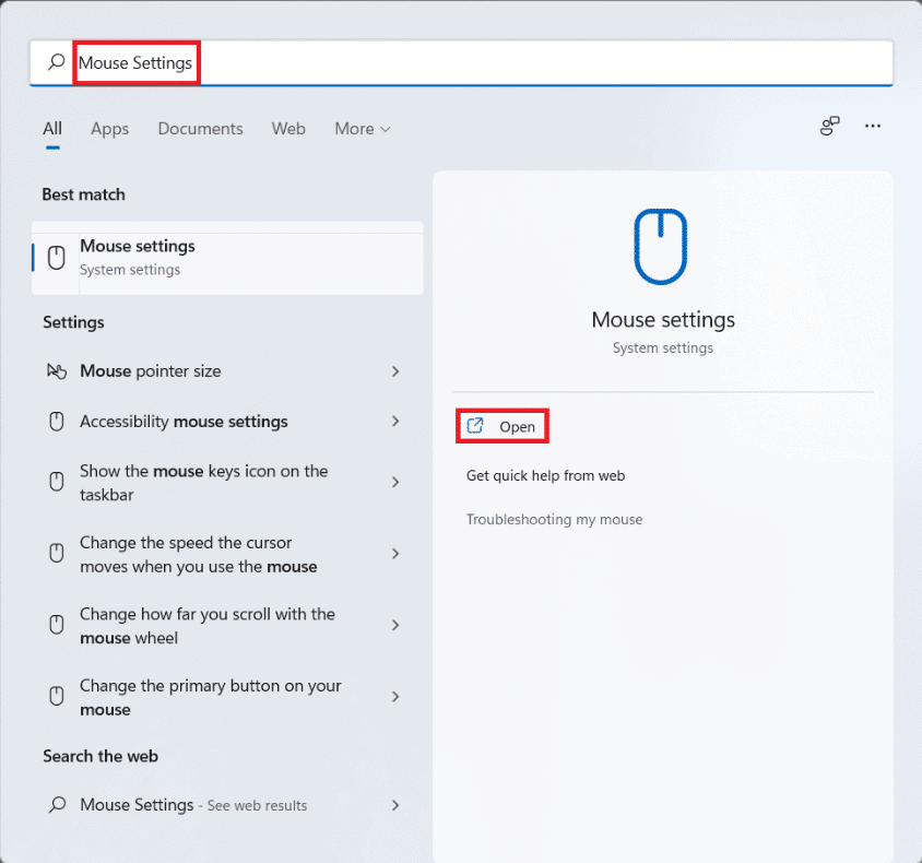 Start menu search results for Mouse settings. How to get black cursor in Windows 11