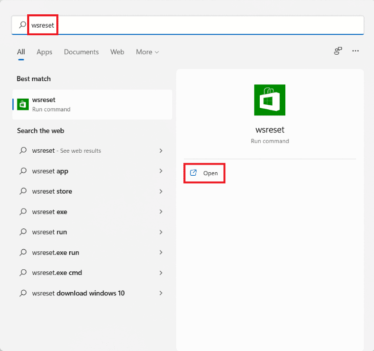 Start menu search results for wsreset. How to Fix Apps Can’t Open in Windows 11