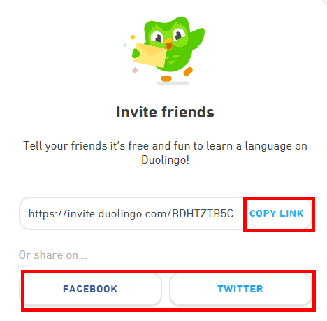 Subsequently, a pop-up will materialize. From here, you can click on COPY LINK to share your Duolingo account.