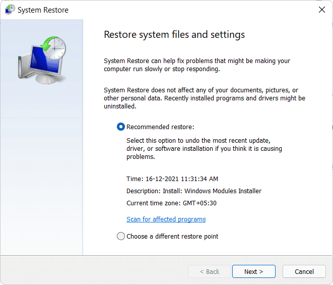 System restore dialog box