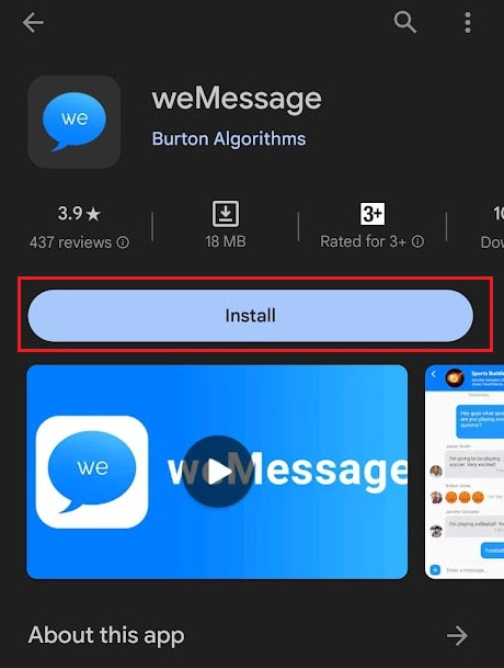 tap on Install to get the weMessage application on your Android device | how to play iMessage games on Android