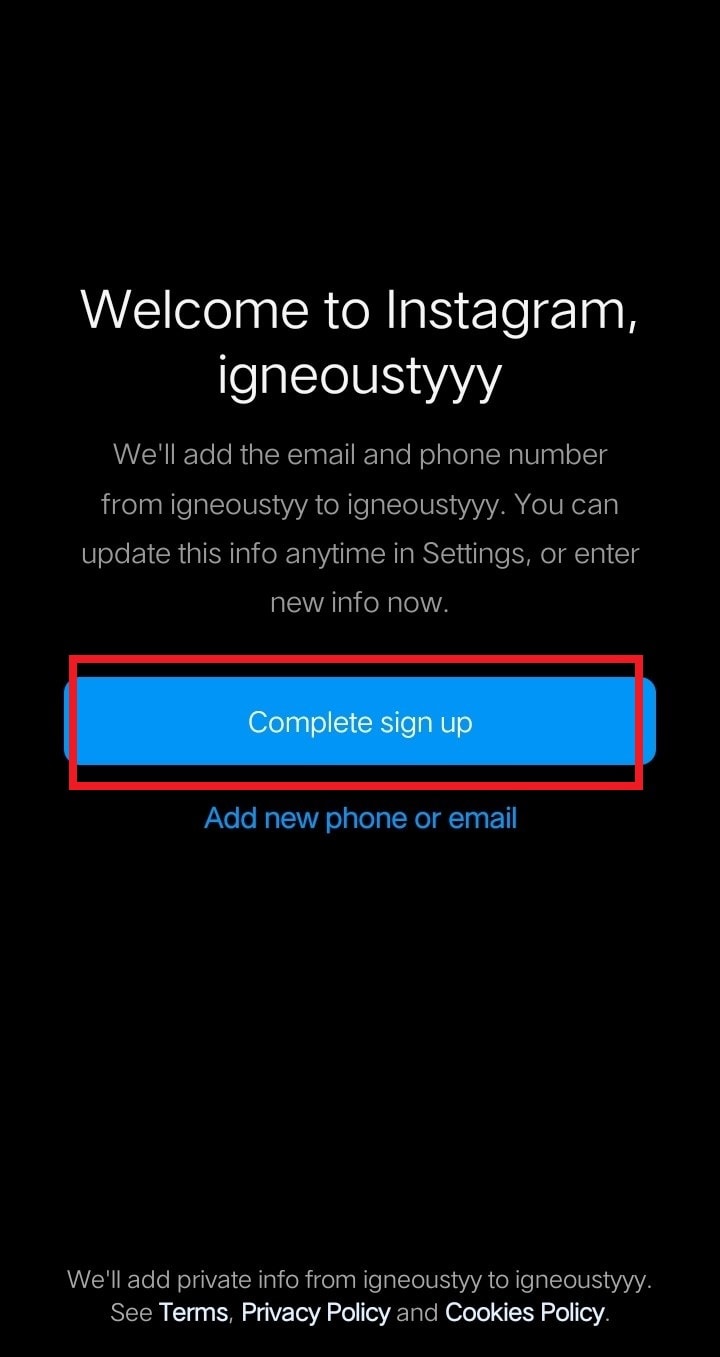 Tap on Complete sign up to make a new account with the same email