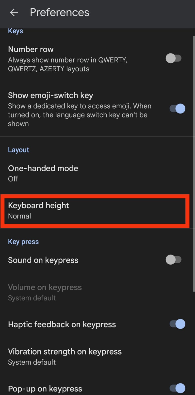 Tap on Keyboard height.