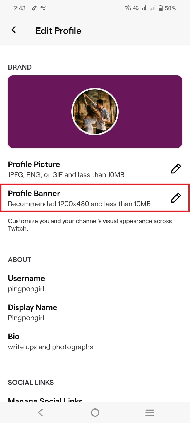 Tap on Profile Banner to change your header | edit Twitch profile