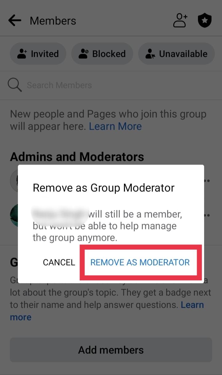 tap on remove as moderator