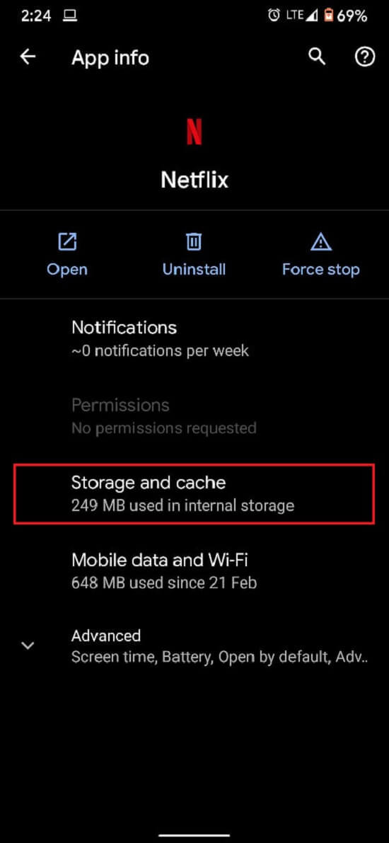 Tap on storage and cache 