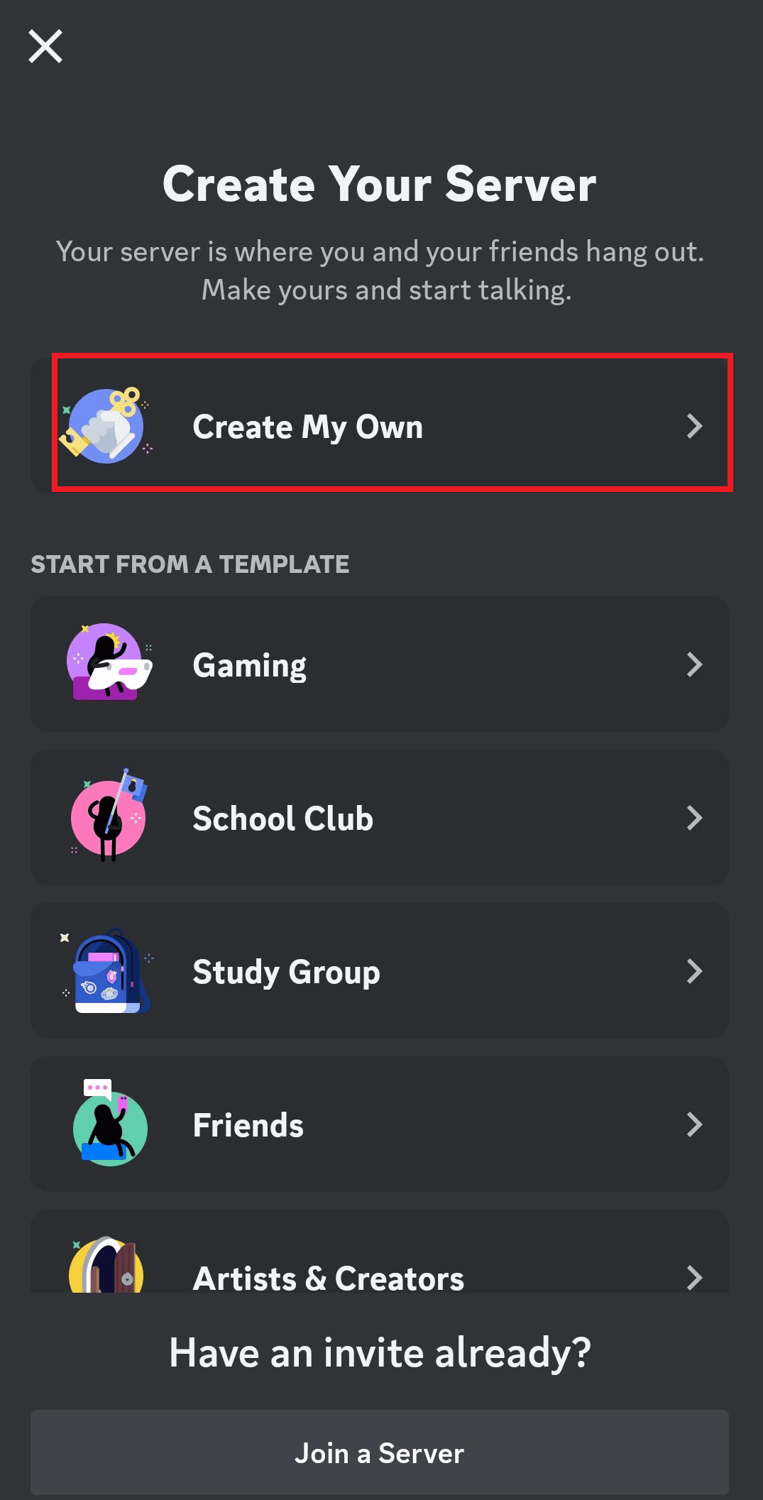   Tap on the Create My Own option | How to Make Your Discord Server Private