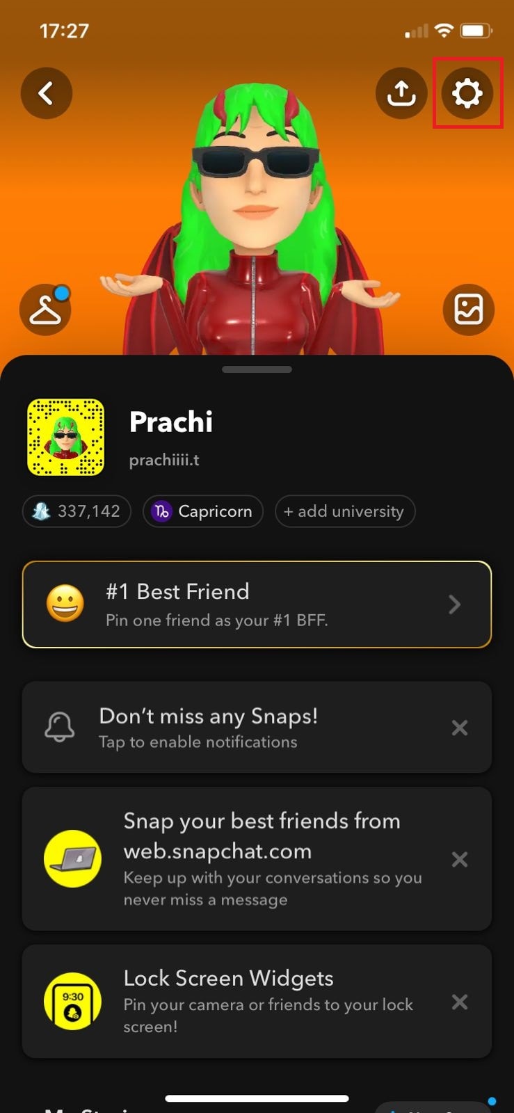 tap on the gear icon in the top right corner | How to Change Snapchat Streak Emoji