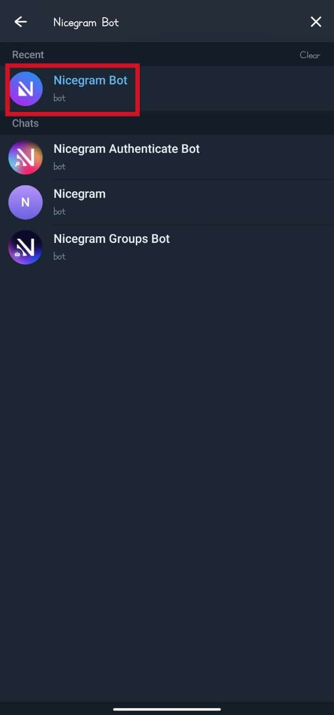 Tap on the Nicegram Bot at the top of the search results