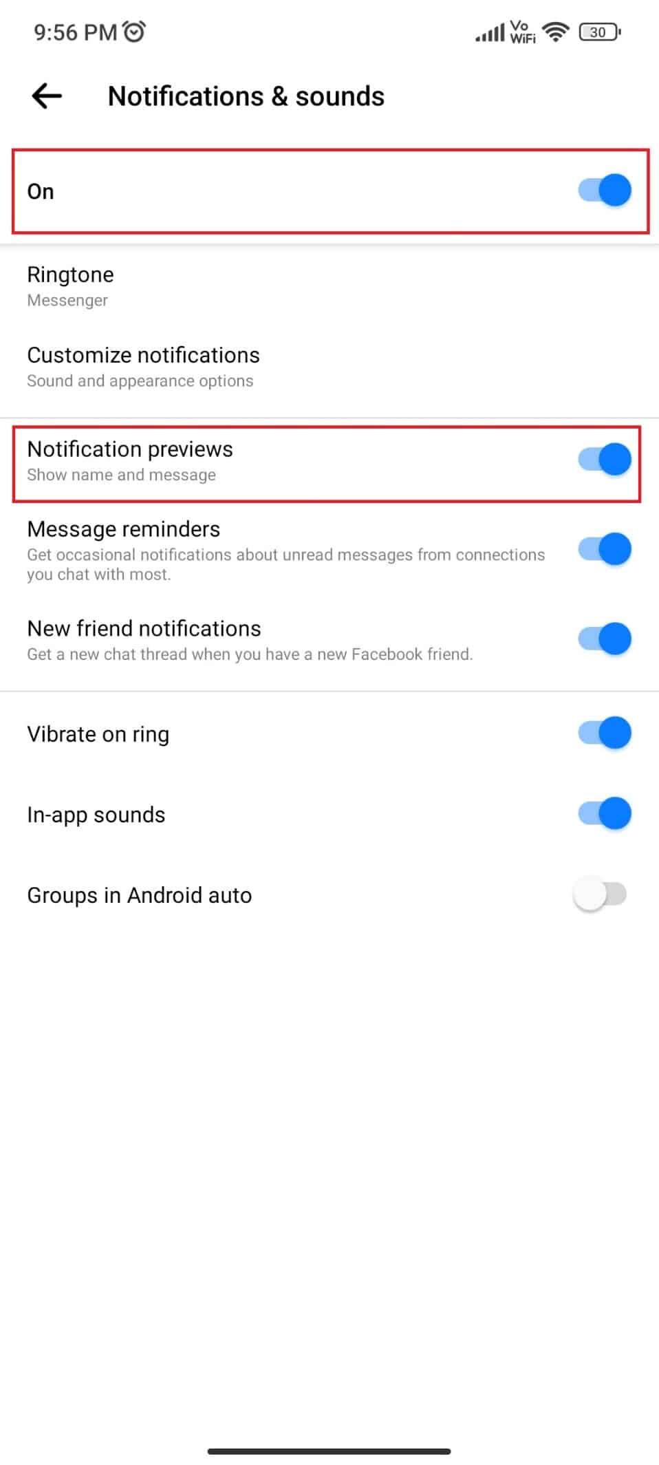 Tap on the toggle to turn on the required notification settings | Facebook Messenger notifications not working Android