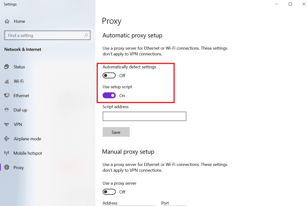 Toggle off Automatically detect settings and toggle on use setup script. Fix Oops Something Went Wrong on YouTube