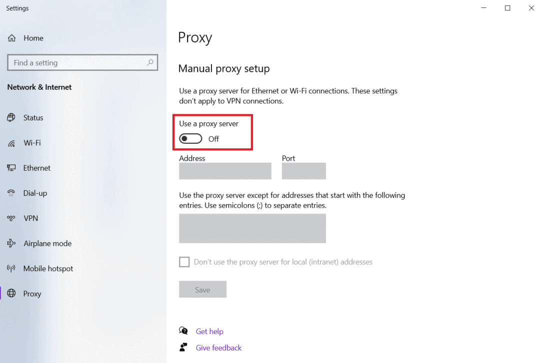  toggle off Use a proxy server