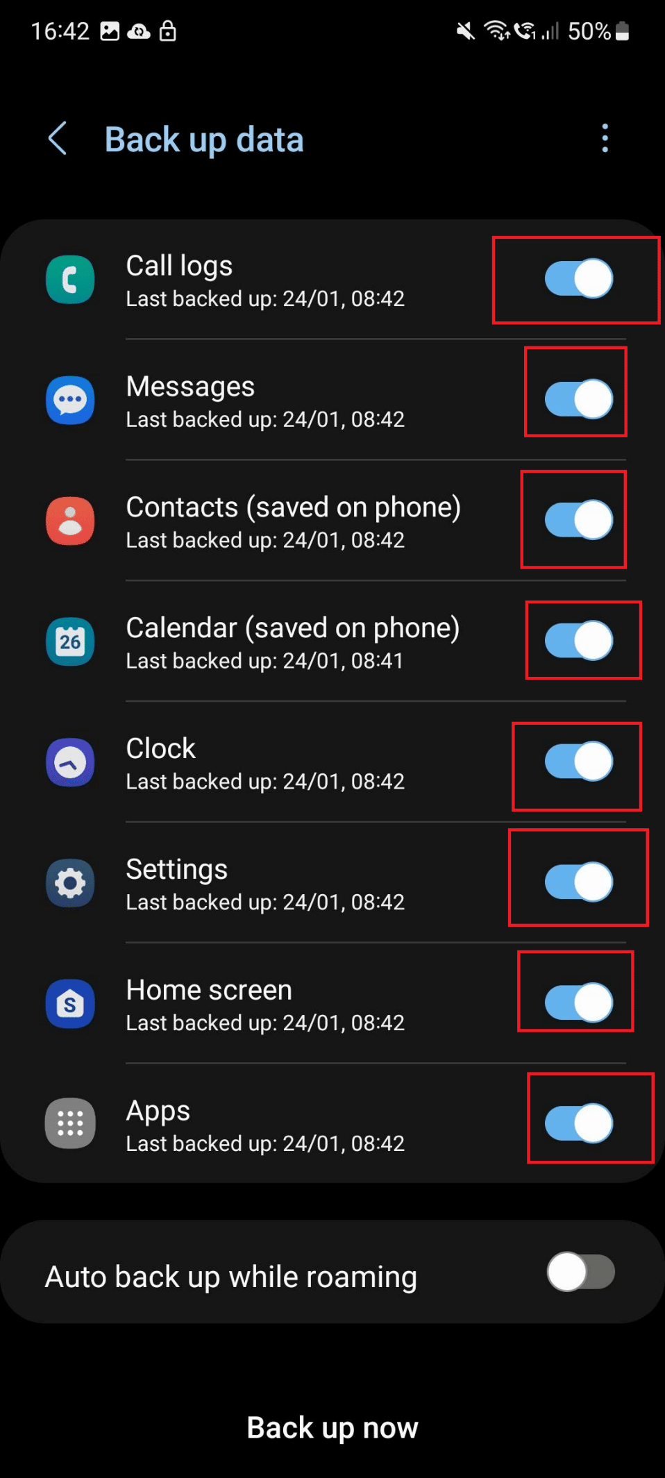 toggle on apps for data back up