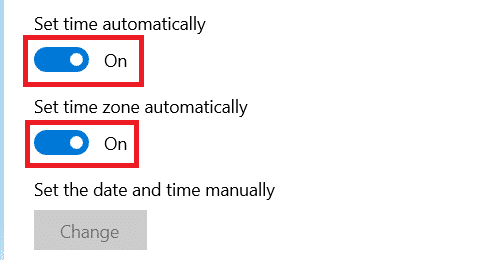 Toggle on the options Set time automatically and Set time zone automatically.