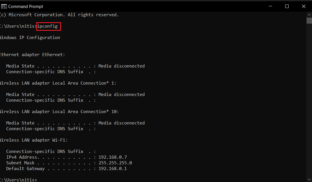 type ipconfig command on command prompt