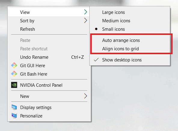 uncheck Auto Arrange Icon and Align Icons to Grid to disable desktop icons auto arrange
