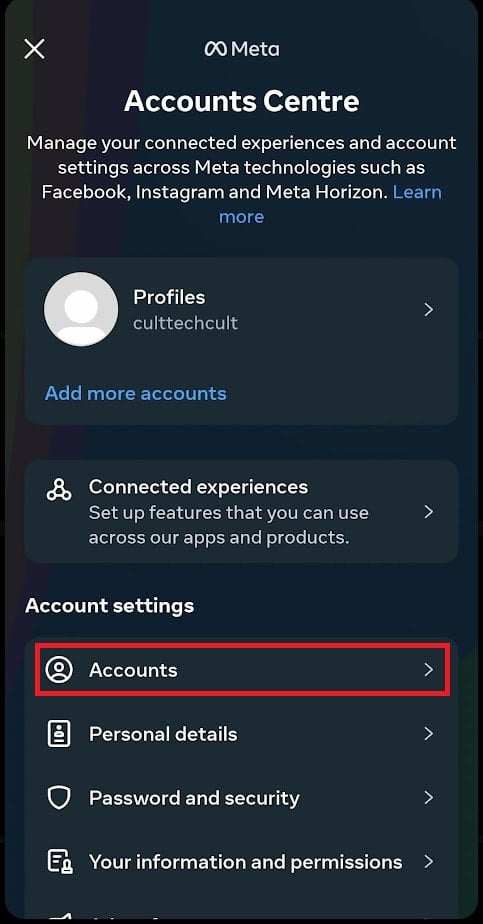 under Account settings, tap on Accounts
