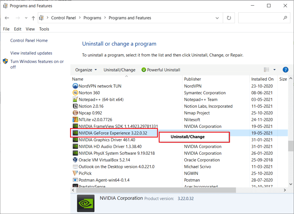 uninstall nvidia geforce experience