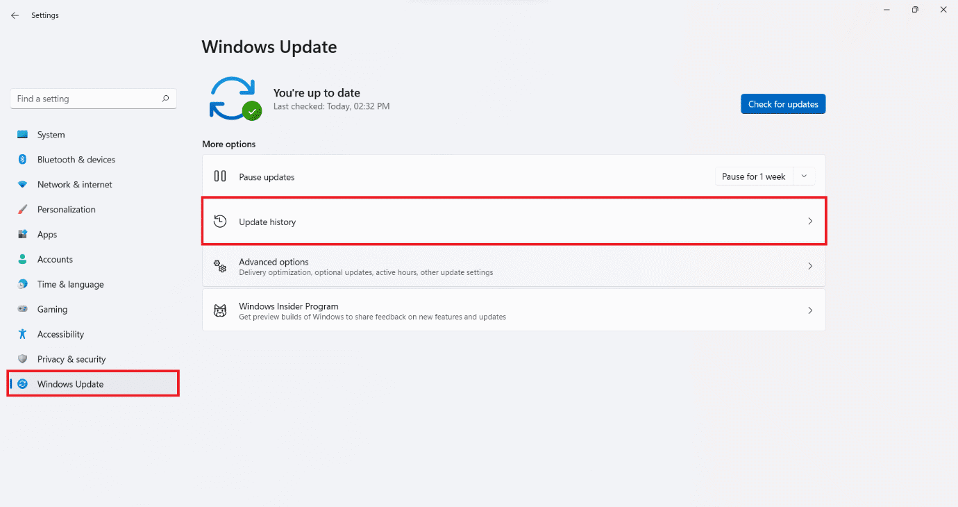 Windows update tab in settings