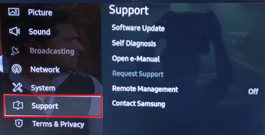 Select Settings followed by Support on Samsung TV