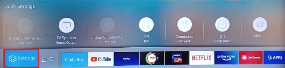 Press the Home button and go to Settings on the Smart Hub options