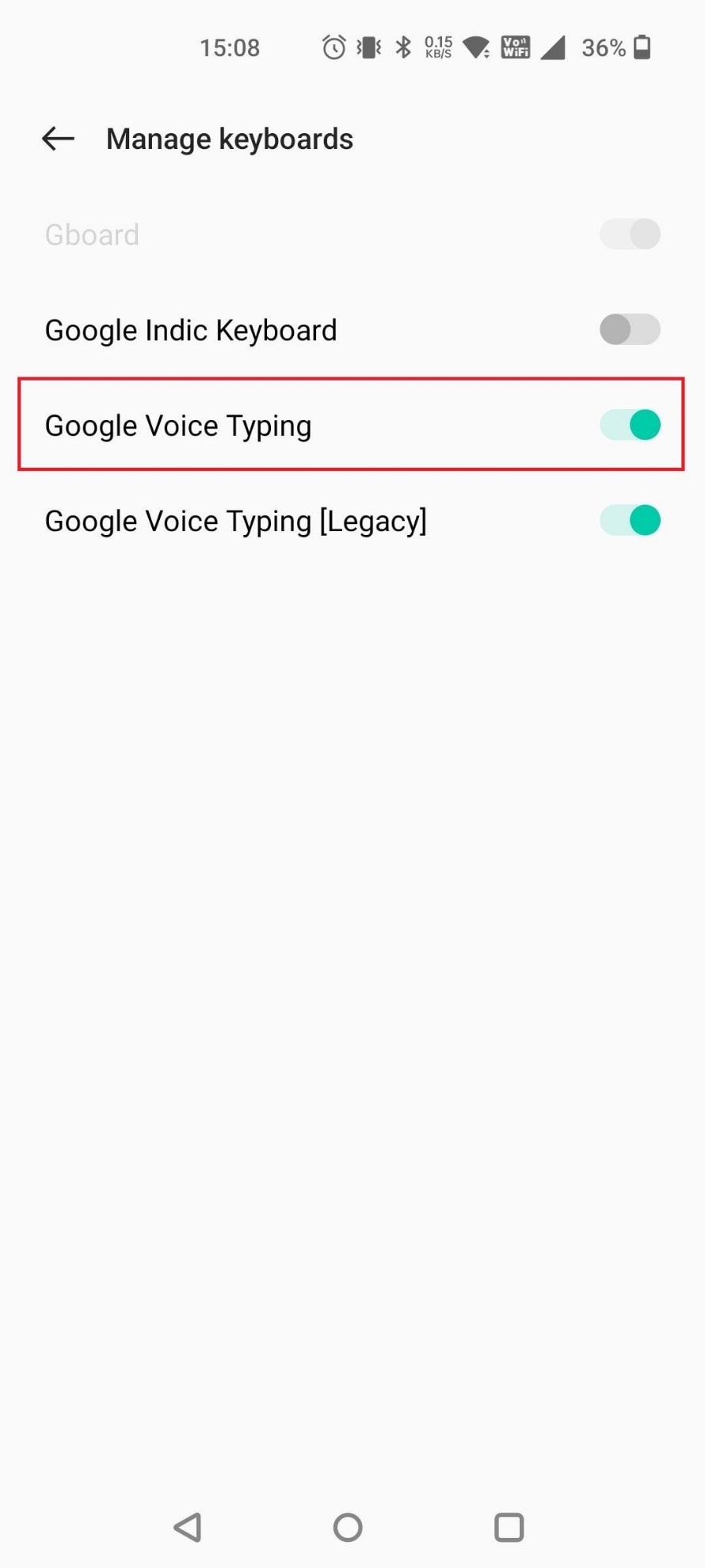 Turn off the toggle for the Google Voice Typing option