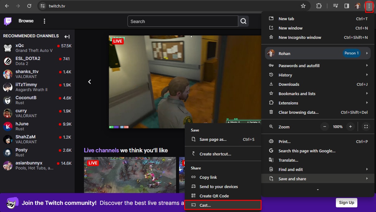 Click on Save and share in Chrome browser | Fix Twitch Chromecast Not Working