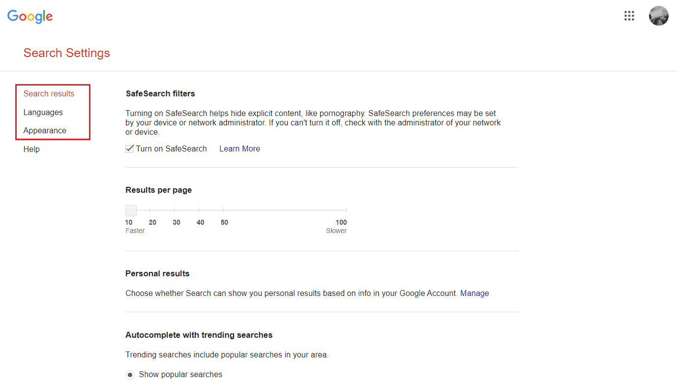 you can switch to the Search results, Languages, and Appearance sections to change the associated settings as per your choice