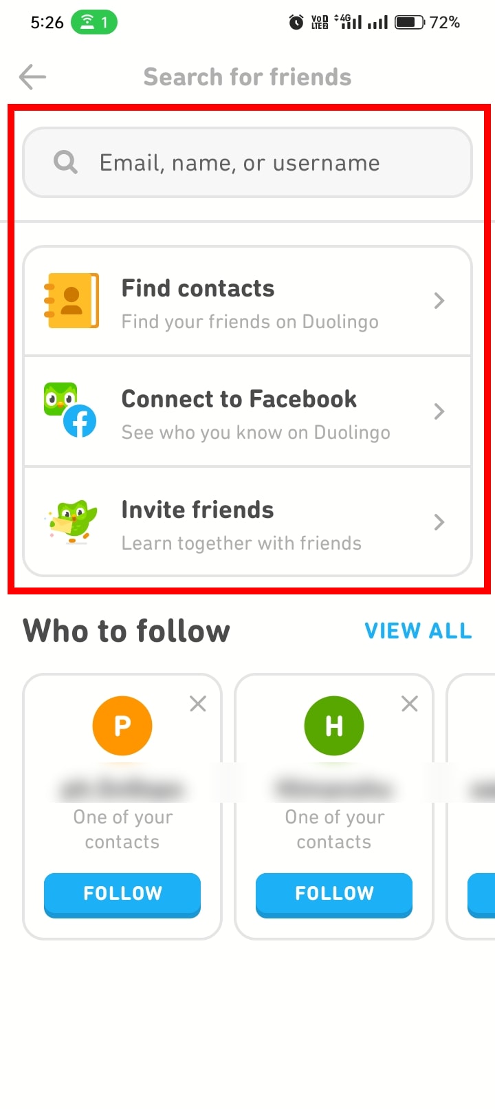 You'll encounter four options: Search Bar, Find contacts, Connect to Facebook, and Invite friends.