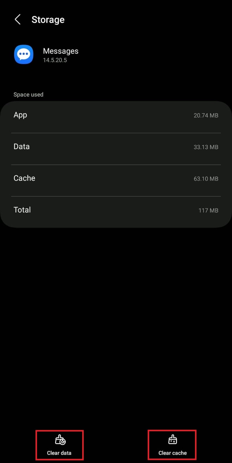 Tap on Clear cache and then on Clear data for Messages app Samsung