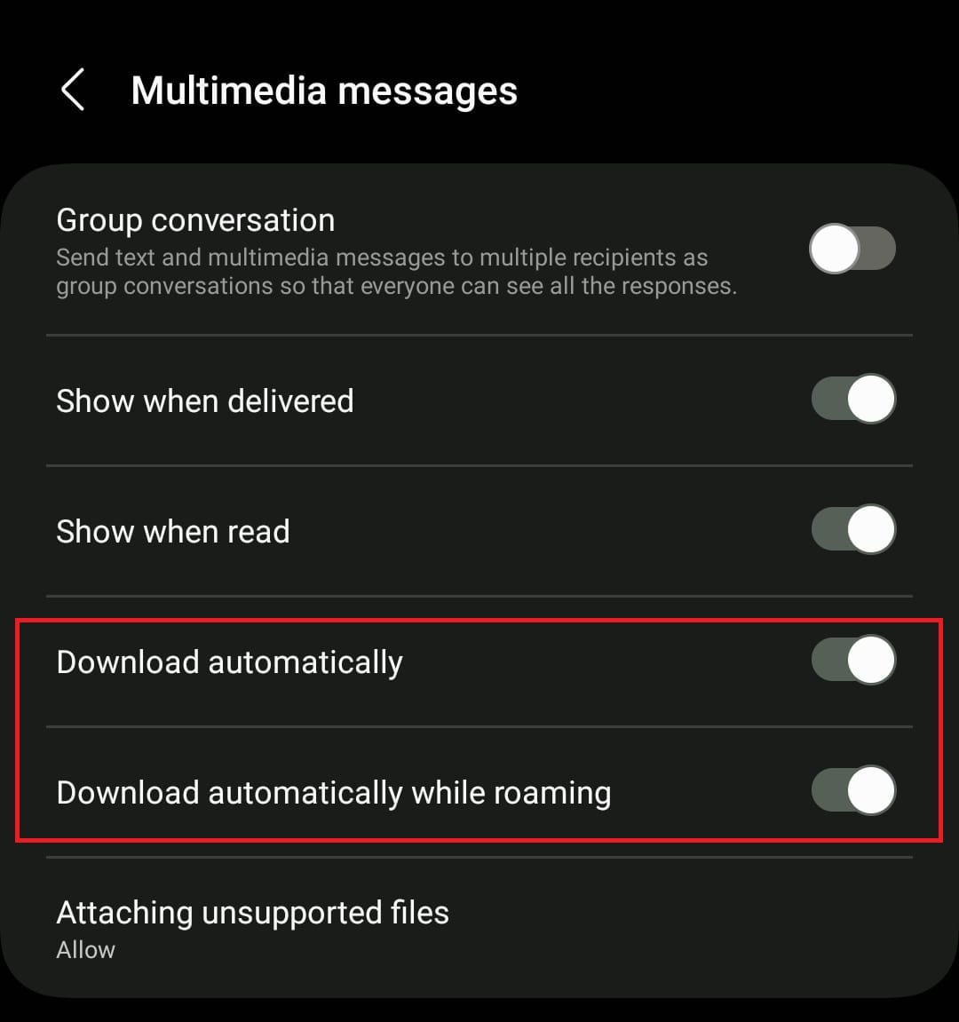 Turn the toggle on for Download automatically and Download automatically while roaming