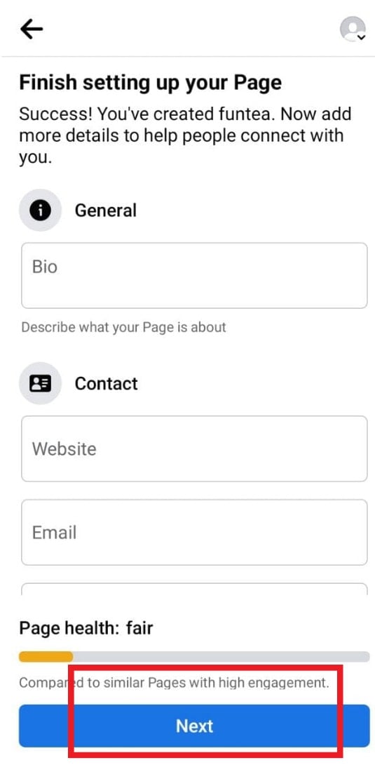 from here, finish setting up your page by adding the required details and tap on Next