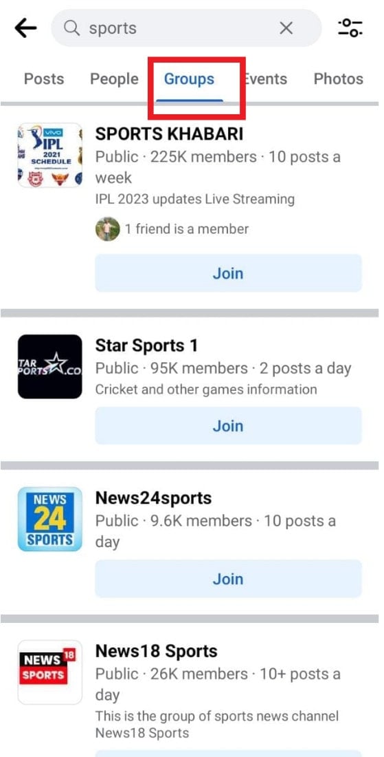 tap on the Groups option. here you will see thousands of groups related to sports. | How to Get a Lot of Friends on Facebook Fast